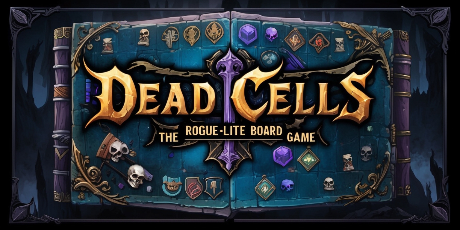 A visually striking, fantasy-themed board game illustration depicting Dead Cells: The Rogue-Lite Board Game, set against a dark, ominous background with subtle, eerie glow accents. The game's title, Dead Cells, is emblazoned in bold, metallic gold font with intricate, curved serifs, situated atop a weathered, ancient tome-inspired game board, adorned with mysterious, cryptic symbols and ornate, gothic-style filigree. The board itself is littered with various, intricately designed game pieces, including miniature, ornate swords, shields, and skull-shaped tokens, all rendered in a rich, muted color palette of deep blues, purples, and golds, evoking a sense of dark, mystical adventure. The overall aesthetic is a perfect blend of haunting, atmospheric beauty and functional, strategic gameplay.